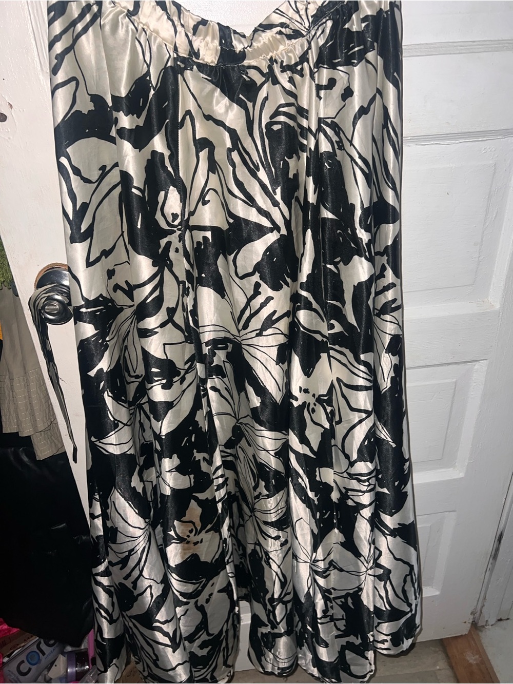 Womens Black and Cream Floral Satin Maxi Skirt